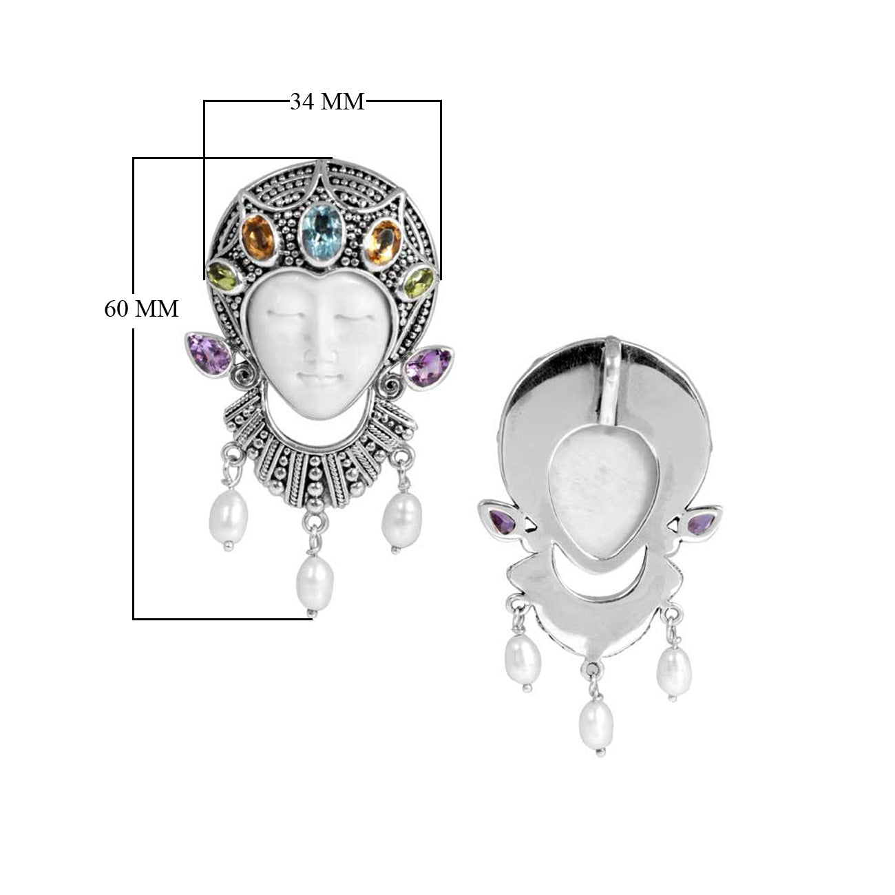 Sterling Silver Multi Stone Bone Face Pendant With Amethyst Quartz Blue Topaz Quartz Peridot Quartz Citrine Quartz And Mabe Pearl.