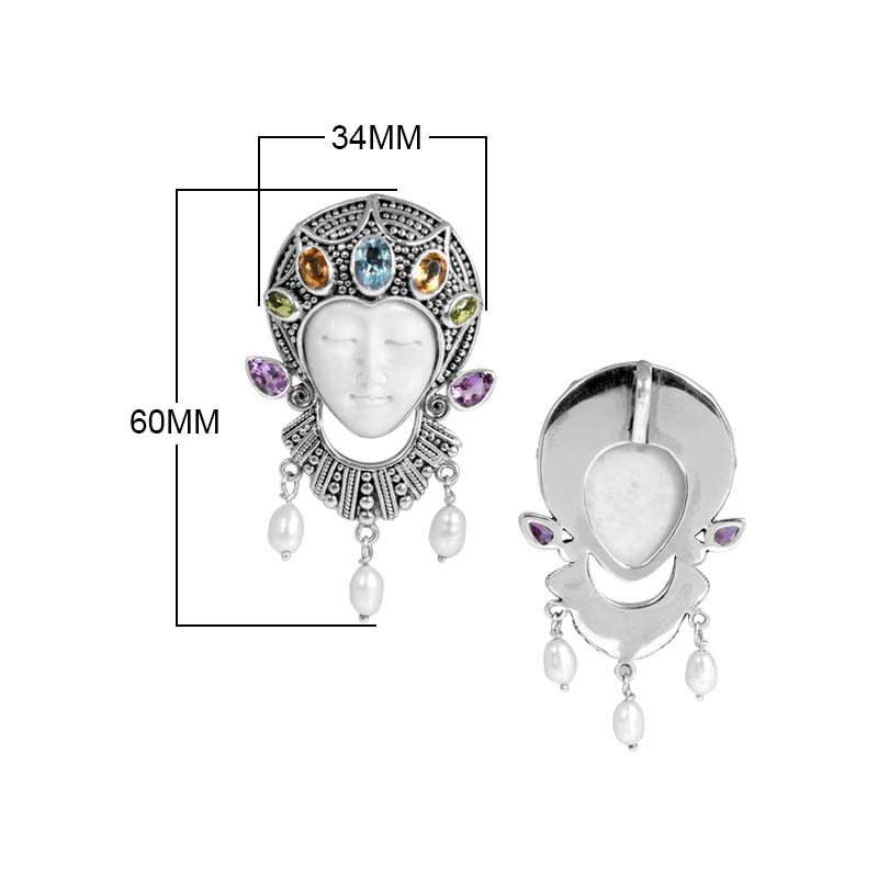 Sterling Silver Multi Stone Bone Face Pendant With Amethyst Quartz Blue Topaz Quartz Peridot Quartz Citrine Quartz And Mabe Pearl.