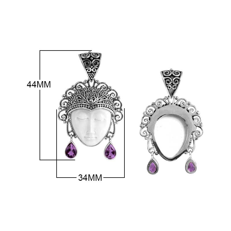 Sterling Silver Amethyst Quartz Bone Face Pendant With Ornate Balinese Filigree.