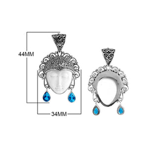 Sterling Silver Blue Topaz Quartz Bone Face Pendant With Ornate Balinese Filigree.