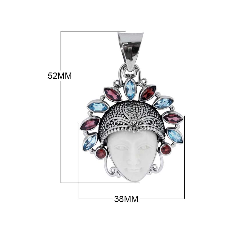 Sterling Silver Blue Topaz Quartz Garnet Quartz Bone Face Pendant With Ornate Balinese Headdress.