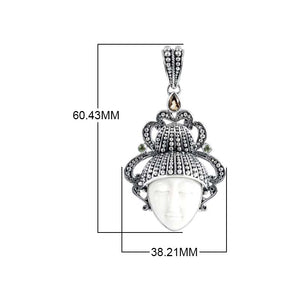 Sterling Silver Citrine Quartz Peridot Quartz Bone Face Pendant With Sculpted Balinese Headdress.