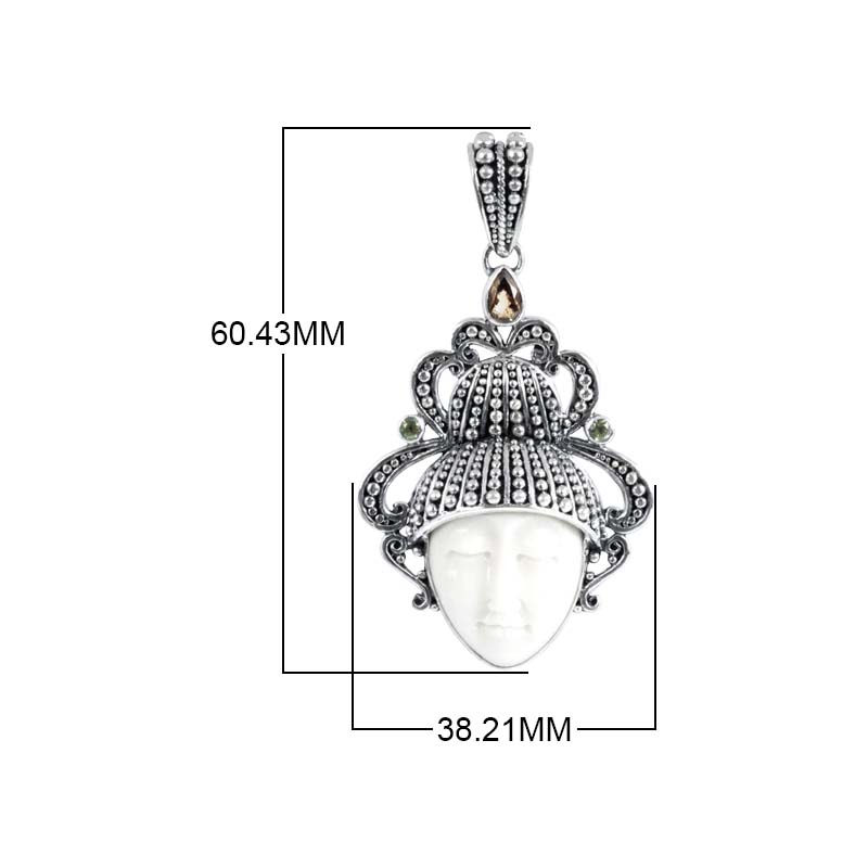 Sterling Silver Citrine Quartz Peridot Quartz Bone Face Pendant With Sculpted Balinese Headdress.