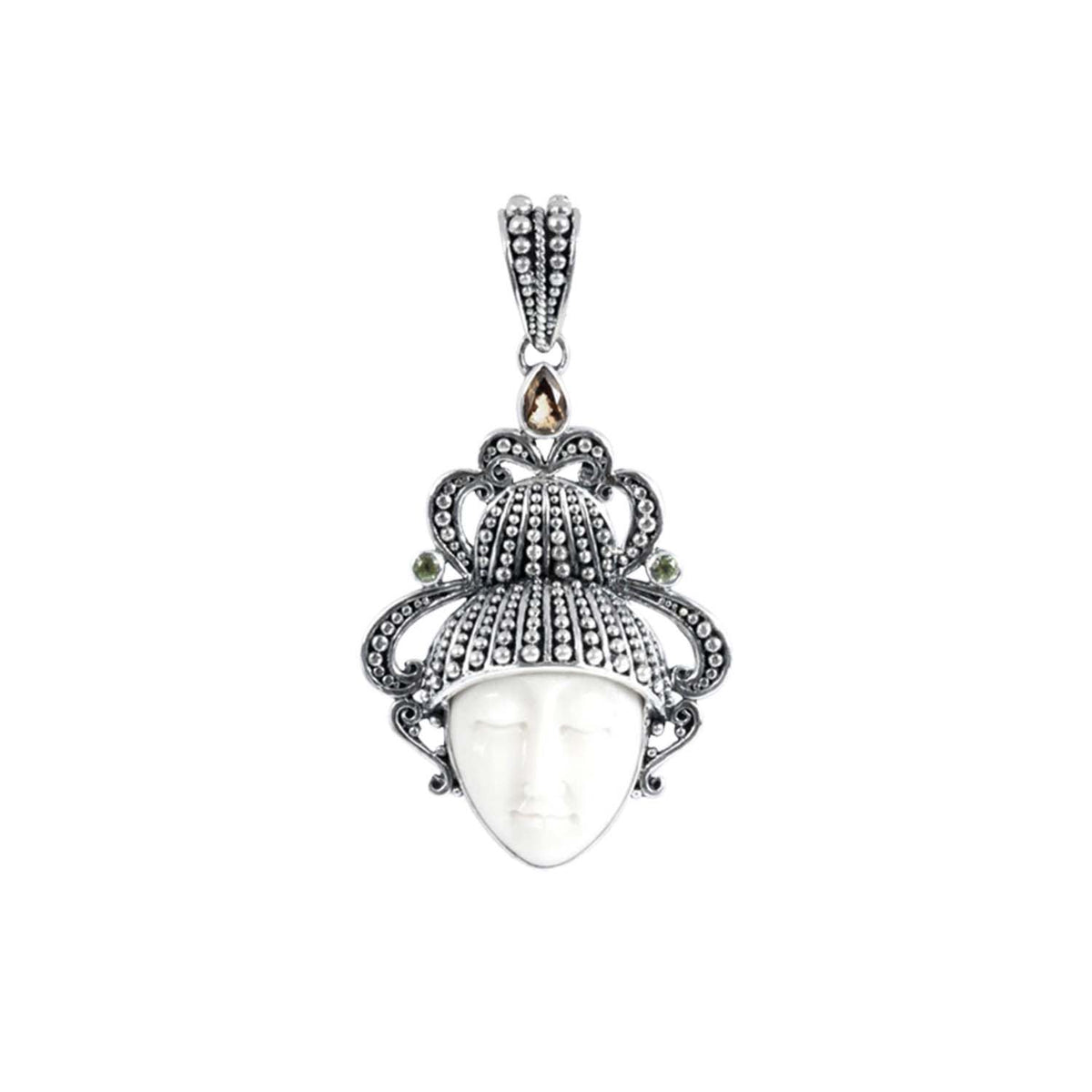 Sterling Silver Citrine Quartz Peridot Quartz Bone Face Pendant With Sculpted Balinese Headdress.