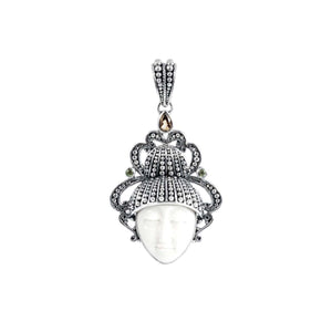 Sterling Silver Citrine Quartz Peridot Quartz Bone Face Pendant With Sculpted Balinese Headdress.