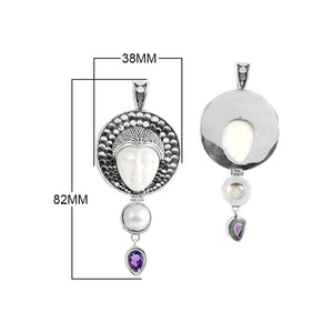Sterling Silver Fresh Water Pearl Amethyst Quartz Bone Pendant With Textured Sunburst Frame.