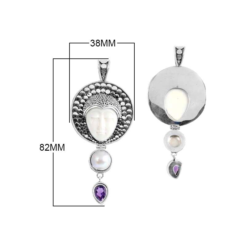 Sterling Silver Fresh Water Pearl Amethyst Quartz Bone Pendant With Textured Sunburst Frame.