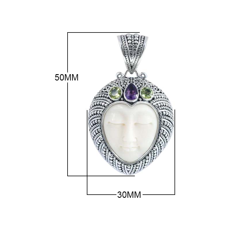 Sterling Silver Peridot Quartz Amethyst Quartz Bone Pendant With Ornate Heart Frame.