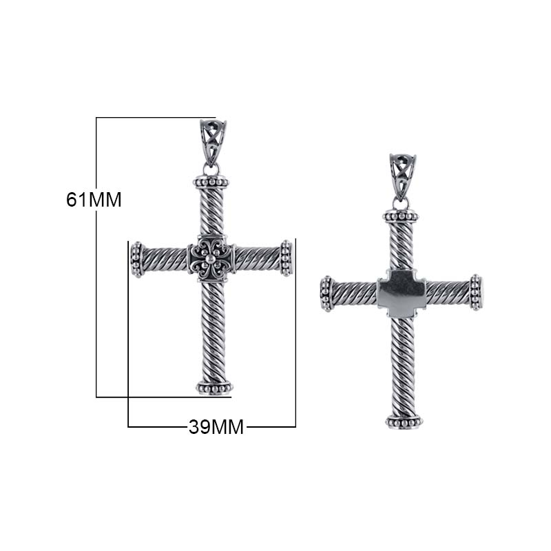 Sterling Silver Balinese Braided Rod Cross Pendant With Ornamental Center.