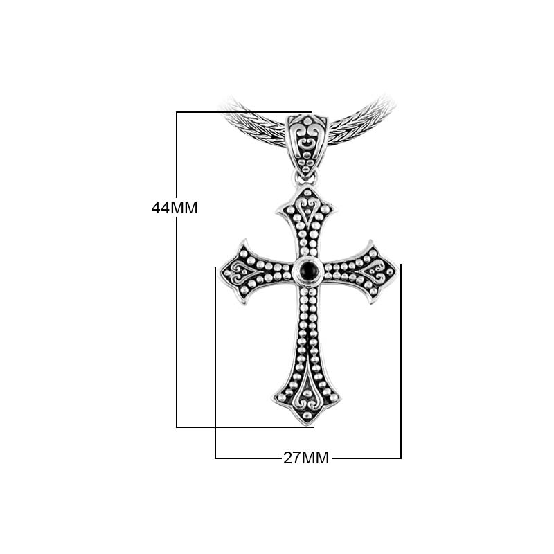 Sterling Silver Black Onyx Cross Pendant With Oxidized Beaded Detailing