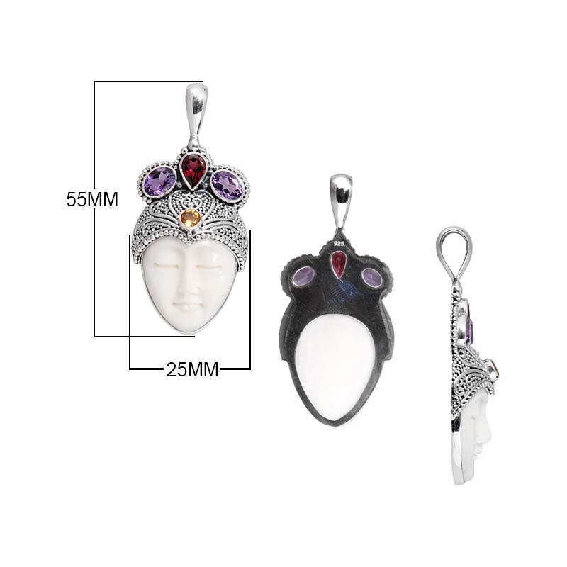 Sterling Silver Bone Face Pendant With Garnet Quartz Amethyst Quartz And Citrine Quartz
