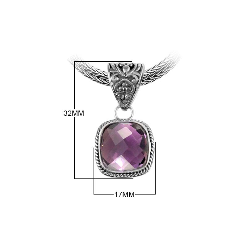 Sterling Silver Amethyst Quartz Cushion Rope Pendant With Ornate Balinese Bail