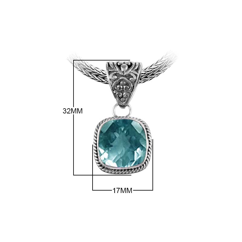 Sterling Silver Blue Topaz Quartz Cushion Rope Pendant With Ornate Balinese Bail