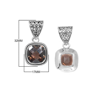 Sterling Silver Smoky Quartz Cushion Rope Pendant With Ornate Balinese Bail
