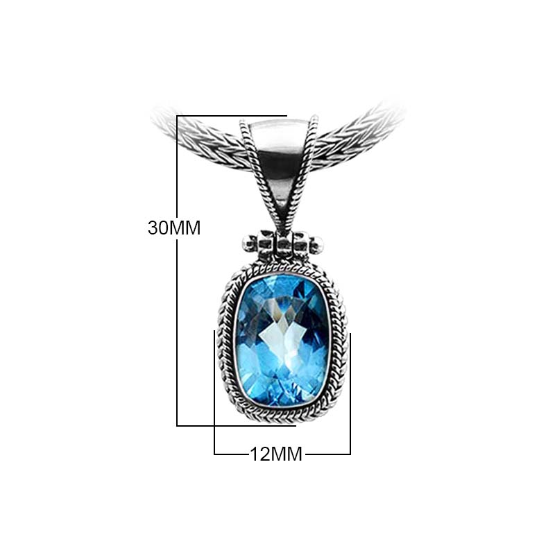 Sterling Silver Blue Topaz Quartz Oval Rope Pendant With Granulated Accent Bar