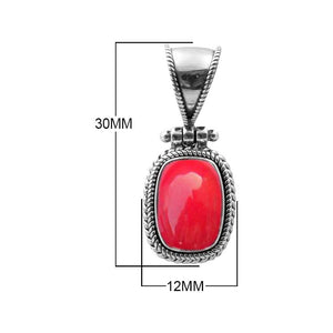 Sterling Silver Red Coral Oval Rope Pendant With Granulated Accent Bar