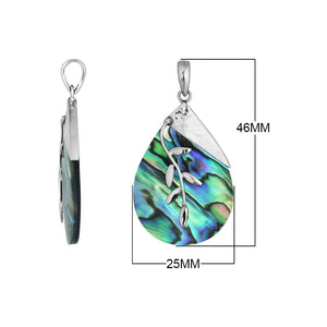 Sterling Silver Abalone Shell Teardrop Pendant With Hammered Top And Leaf Overlay
