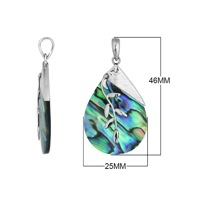 Sterling Silver Abalone Shell Teardrop Pendant With Hammered Top And Leaf Overlay