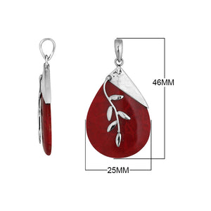 Sterling Silver Red Coral Teardrop Pendant With Hammered Top And Leaf Accent