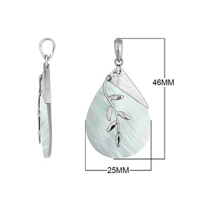 Sterling Silver White Shell Teardrop Pendant With Hammered Top And Leaf Accent