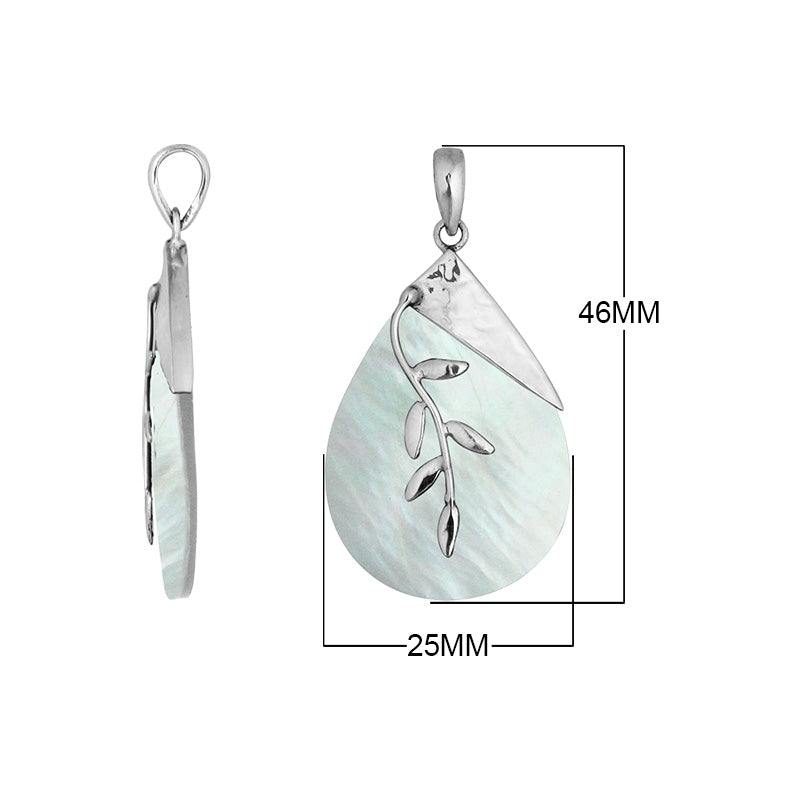 Sterling Silver White Shell Teardrop Pendant With Hammered Top And Leaf Accent