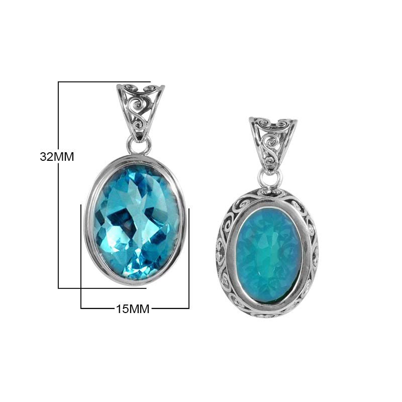 Sterling Silver Oval Pendant With Blue Topaz Quartz And Scroll Bali Frame