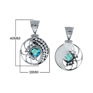 Sterling Silver Round Pendant With Blue Topaz Quartz And Ornate Bali Filigree