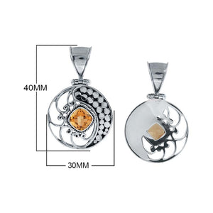 Sterling Silver Round Pendant With Citrine Quartz And Ornate Bali Filigree