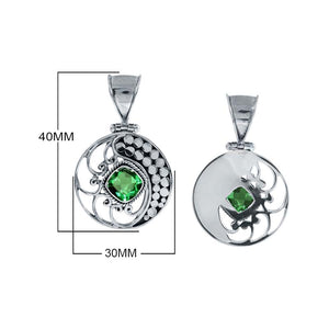 Sterling Silver Round Pendant With Green Quartz And Ornate Bali Filigree