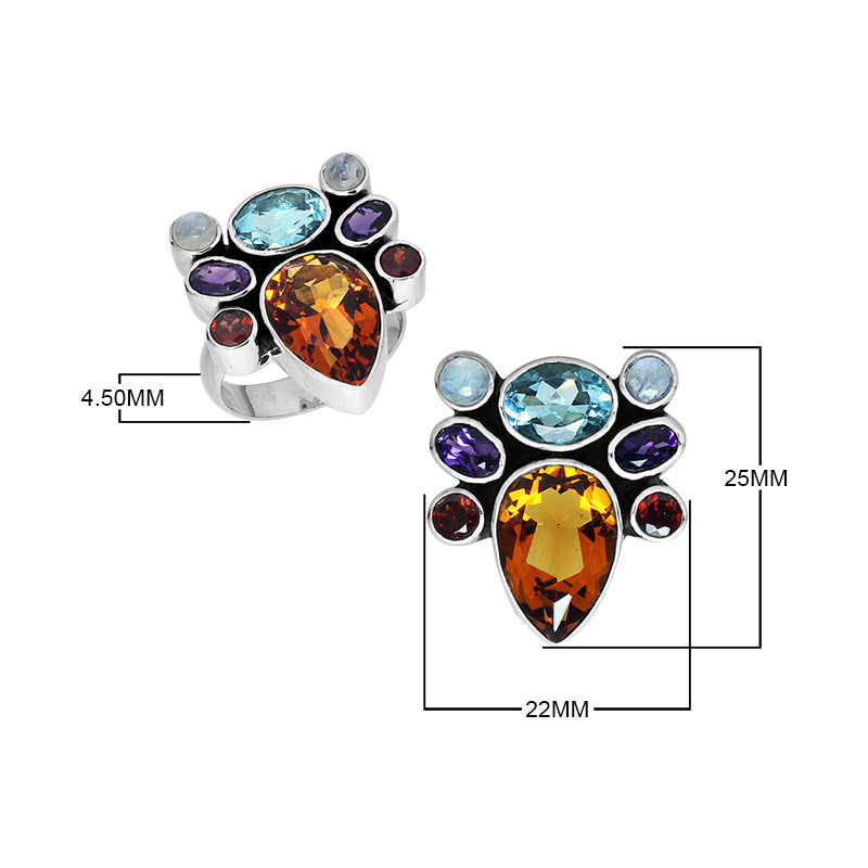 Sterling Silver handcrafted multi-stone ring with Blue Topaz, Amethyst, Citrine, Garnet, and Rainbow Moonstone wholesale from Bali, Indonesia