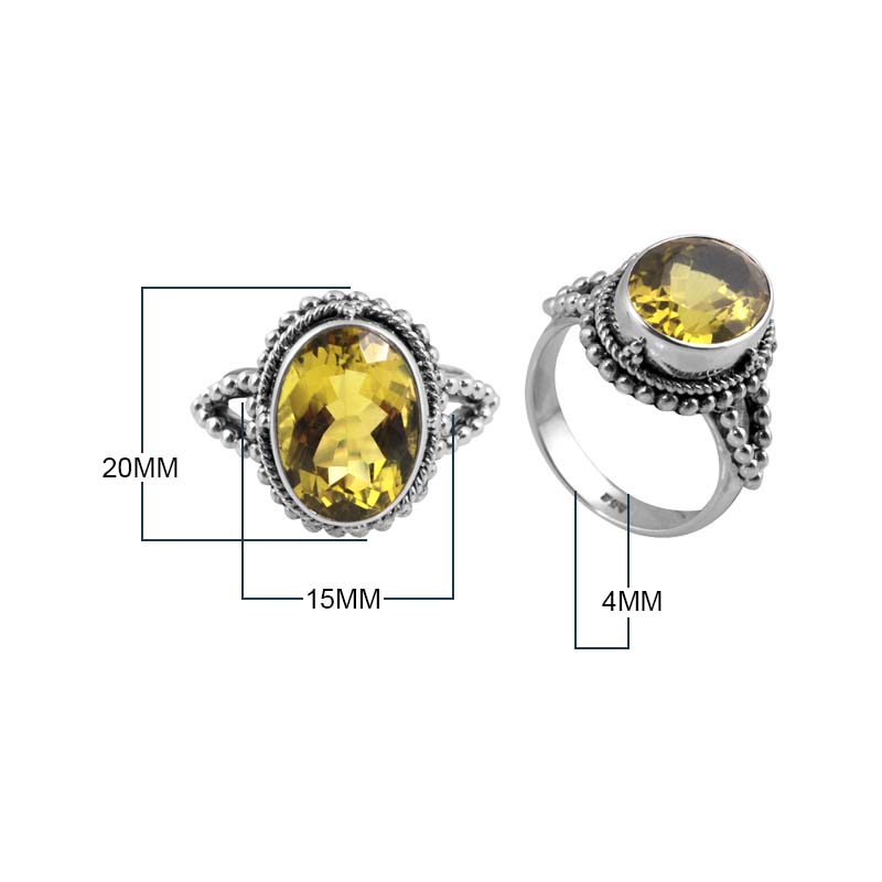Sterling Silver Lemon Quartz Oval Beaded Statement Ring with Intricate Bali Detailing