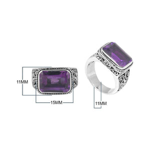 Wholesale Sterling Silver Amethyst Quartz Ring With Rectangular Cut & Balinese Scroll Design Handcrafted In Bali