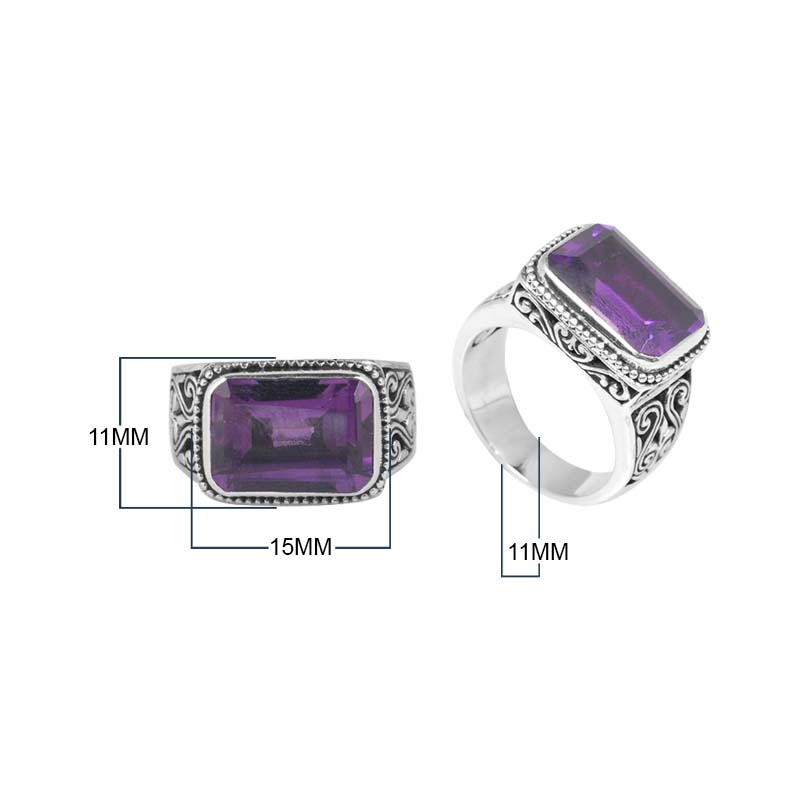 Wholesale Sterling Silver Amethyst Quartz Ring With Rectangular Cut & Balinese Scroll Design Handcrafted In Bali