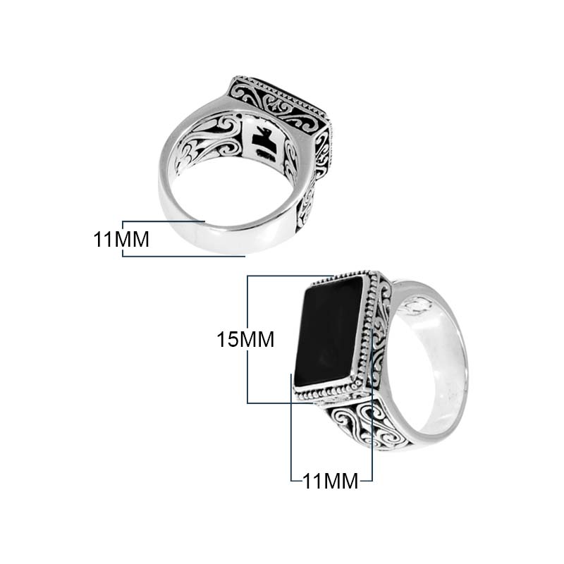 Wholesale Sterling Silver Black Onyx Ring With Rectangular Cabochon & Balinese Scroll Design Handcrafted In Bali