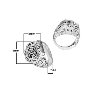 Wholesale Sterling Silver Hexagonal Signet Ring With Engraved Cross & Balinese Scroll Design Handcrafted In Bali