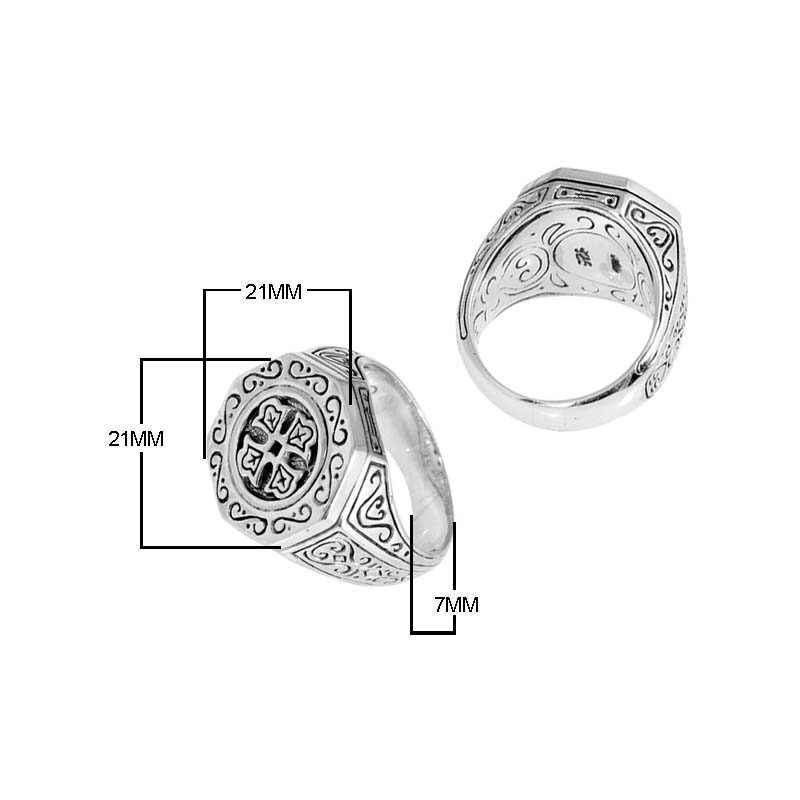 Wholesale Sterling Silver Hexagonal Signet Ring With Engraved Cross & Balinese Scroll Design Handcrafted In Bali