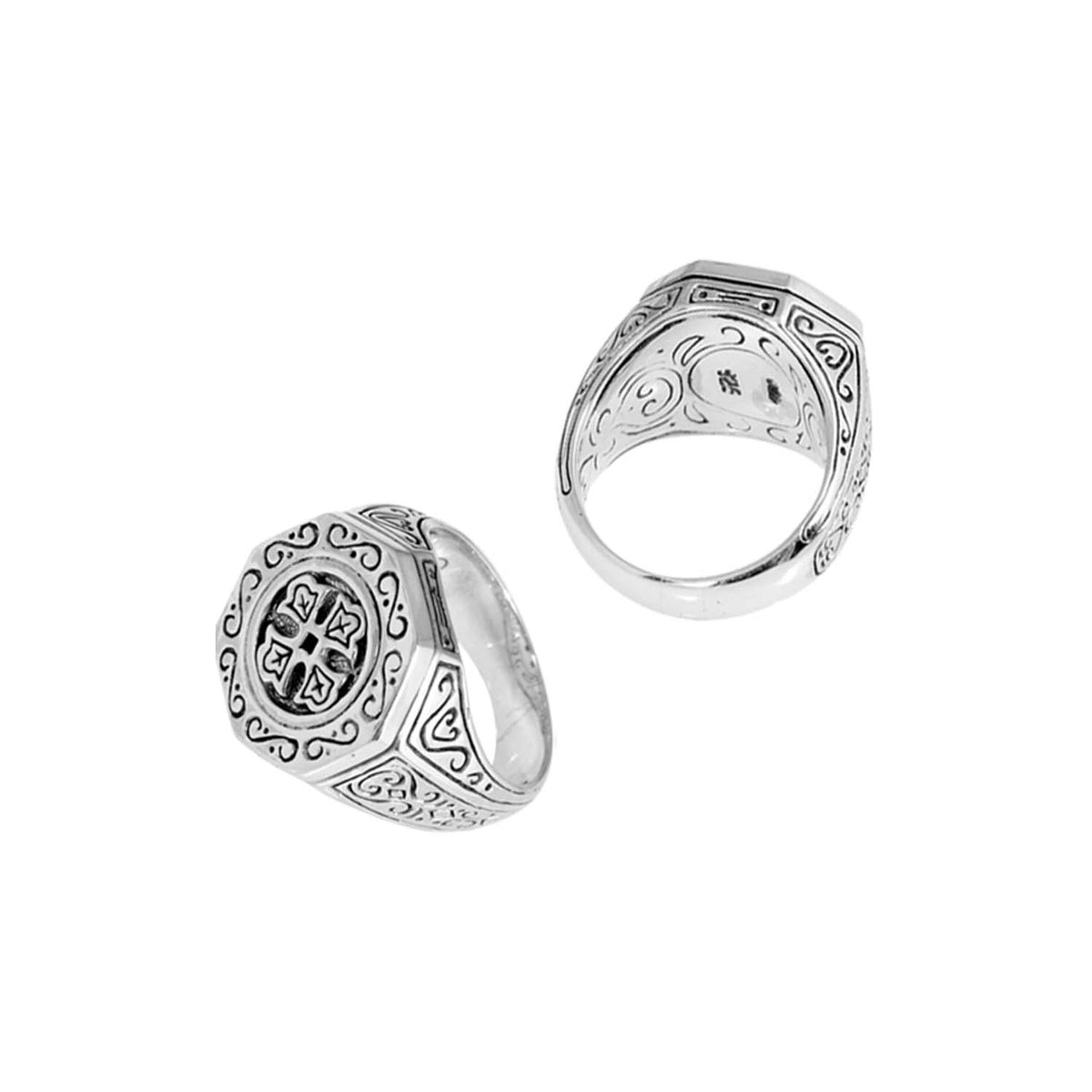 Wholesale Sterling Silver Hexagonal Signet Ring With Engraved Cross & Balinese Scroll Design Handcrafted In Bali