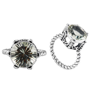 Wholesale Sterling Silver Green Amethyst Quartz Ring With Twisted Rope Band & Ornate Crown Setting Handcrafted In Bali