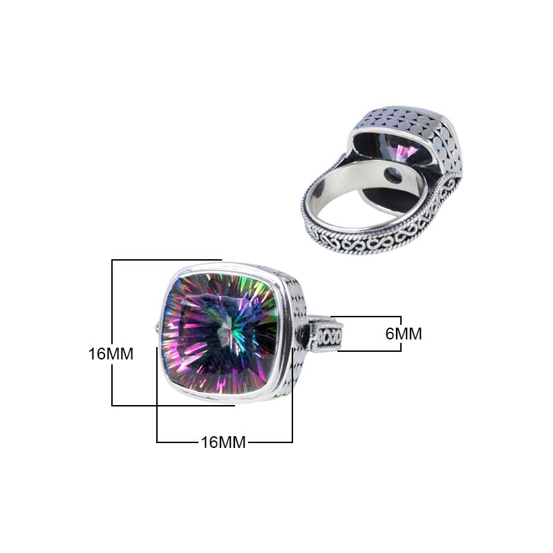 Sterling Silver Mystic Quartz Cushion Designer Ring With Textured Band, Mirror Polished Oxidized Finish