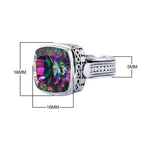 Sterling Silver Mystic Quartz Cushion Designer Ring With Beaded Band, Mirror Polished Oxidized Finish