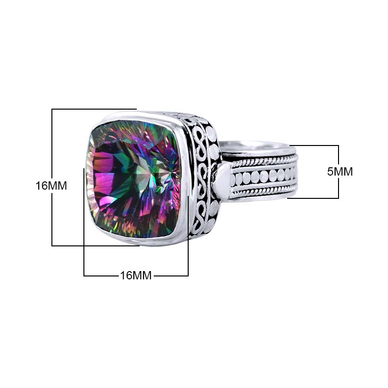 Sterling Silver Mystic Quartz Cushion Designer Ring With Beaded Band, Mirror Polished Oxidized Finish