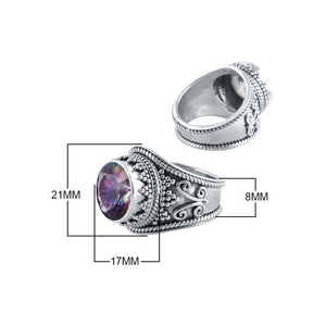 Sterling Silver Mystic Quartz Round Designer Ring With Ornate Band, Mirror Polished Oxidized Finish