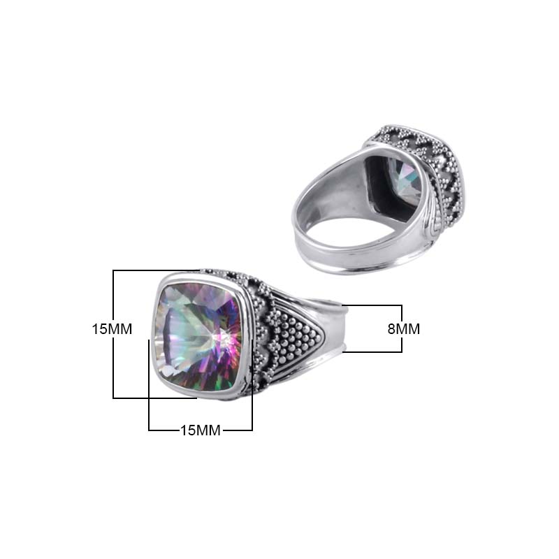 Sterling Silver Mystic Quartz Cushion Designer Ring With Granulated Texture, Mirror Polished Oxidized Finish