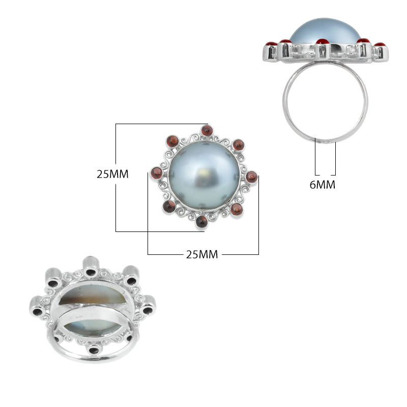 Sterling Silver Ring With Gray Mabe Pearl, And Garnet Quartz, Filigree Designer Ring, Antique Oxidized Finish