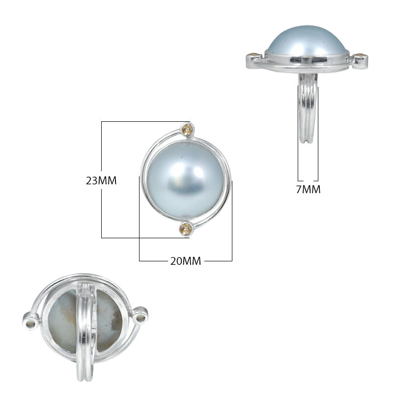 Sterling Silver Ring With Gray Mabe Pearl And Citrine Quartz, Minimalist Designer Ring, Mirror Polished Antique Finish