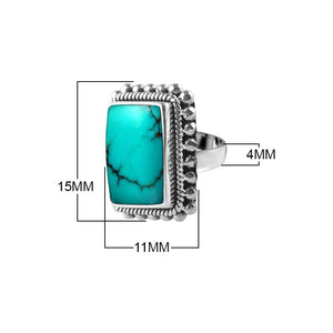 Sterling Silver Turquoise Shell Rectangle Designer Ring With Beaded Frame, Mirror Polished Antique Finish