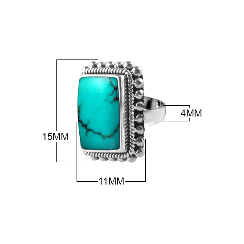 Sterling Silver Turquoise Shell Rectangle Designer Ring With Beaded Frame, Mirror Polished Antique Finish