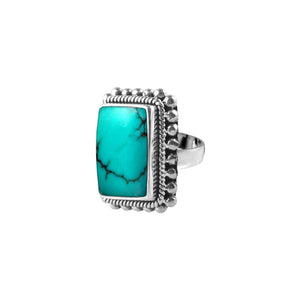 Sterling Silver Turquoise Shell Rectangle Designer Ring With Beaded Frame, Mirror Polished Antique Finish