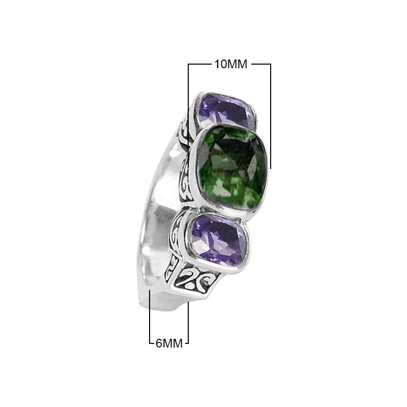 Sterling Silver Ring With Green And Amethyst Quartz, Three Stone Designer Ring, Mirror Polished Antique Finish