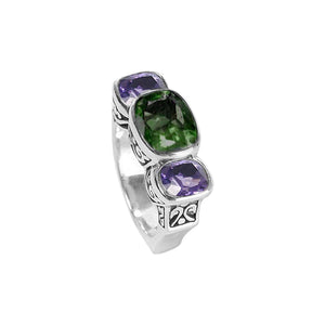 Sterling Silver Ring With Green And Amethyst Quartz, Three Stone Designer Ring, Mirror Polished Antique Finish